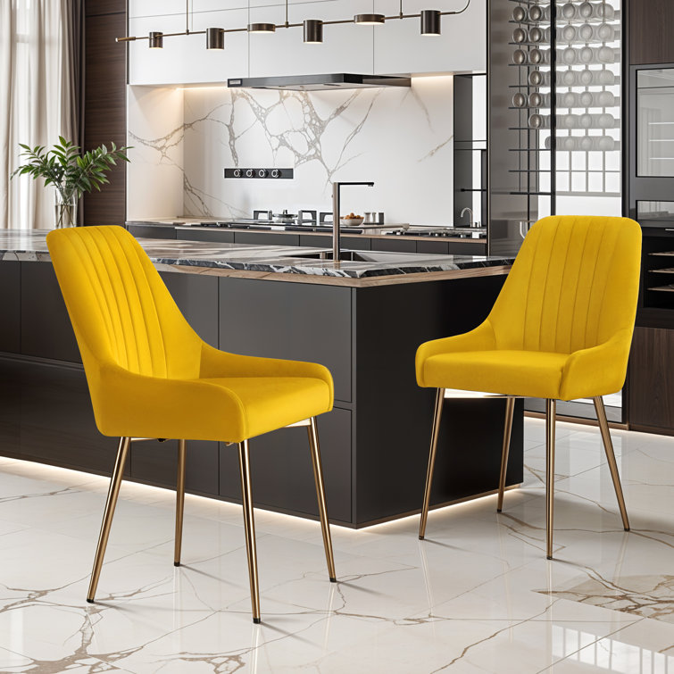 Mustard Velvet Upholstered Side Chair with Gold Metal Legs