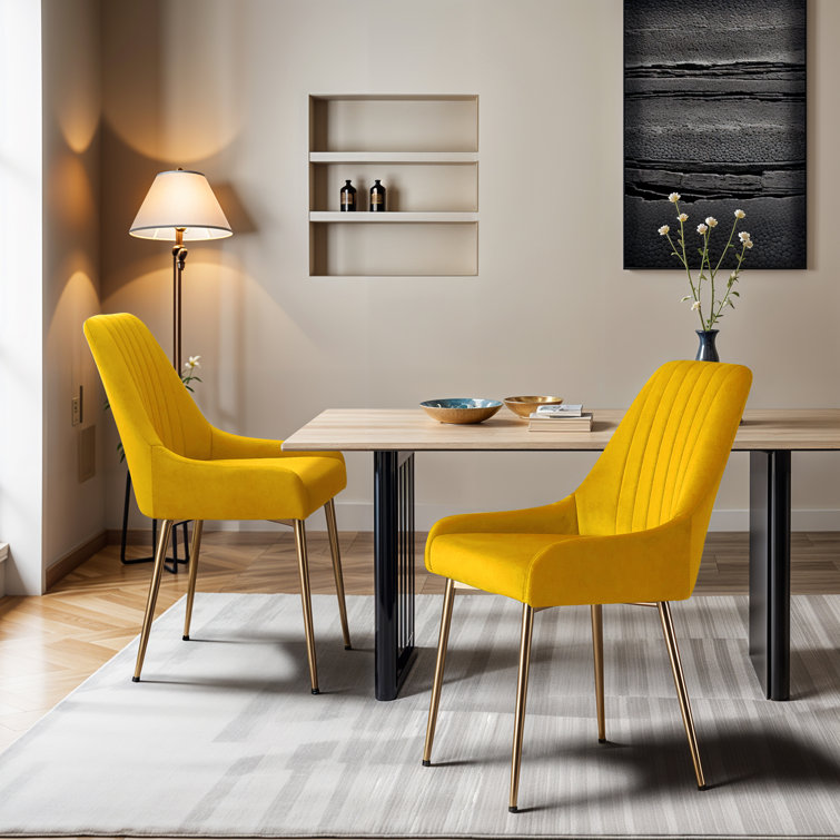 Mustard Velvet Upholstered Side Chair with Gold Metal Legs