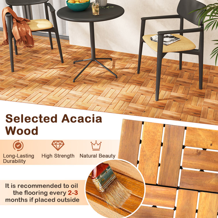 Natural Acacia Wood Interlocking Deck Tiles, 27 Pieces