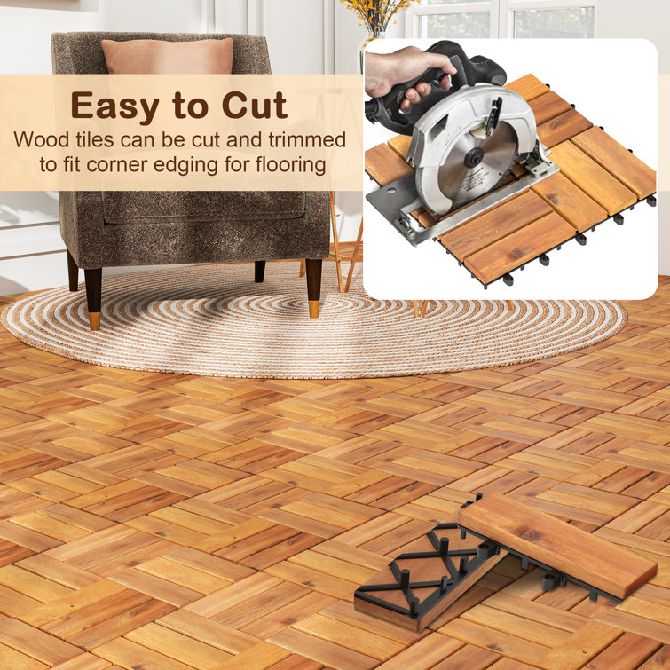 Natural Acacia Wood Interlocking Deck Tiles, 27 Pieces