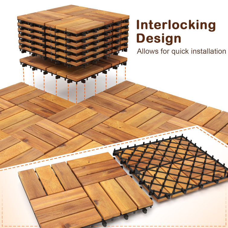 Natural Acacia Wood Interlocking Deck Tiles, 27 Pieces