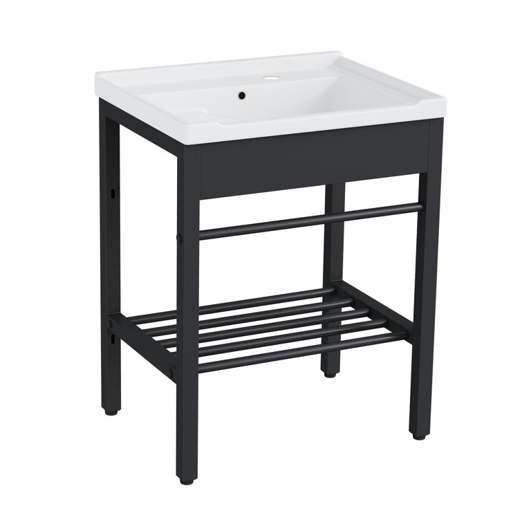 24" White Ceramic Freestanding Laundry Sink with Black Metal Frame