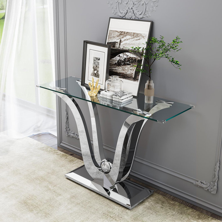 Silver Glass Console Table with Mirror Finish Stainless Steel Base