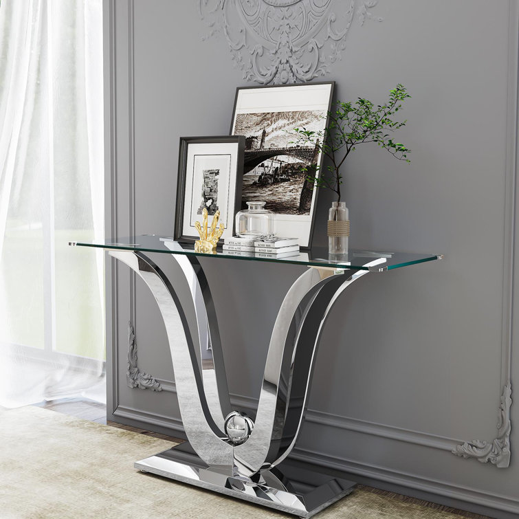 Silver Glass Console Table with Mirror Finish Stainless Steel Base