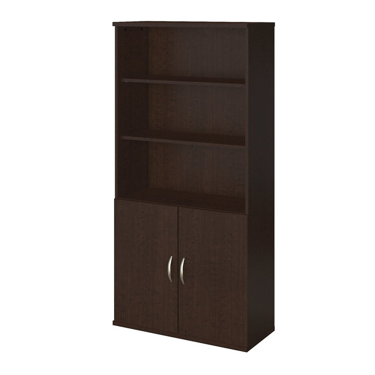 Mocha Cherry 36W Adjustable 5-Shelf Bookcase with Doors