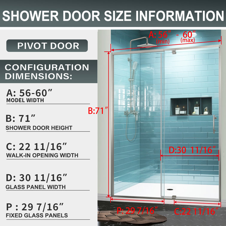 Brushed Nickel Semi-Frameless Pivot Shower Door with Clear Glass