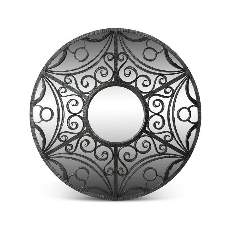 Black Metal Round Wall Mirror with Ornate Design