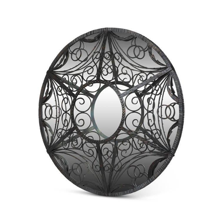 Black Metal Round Wall Mirror with Ornate Design