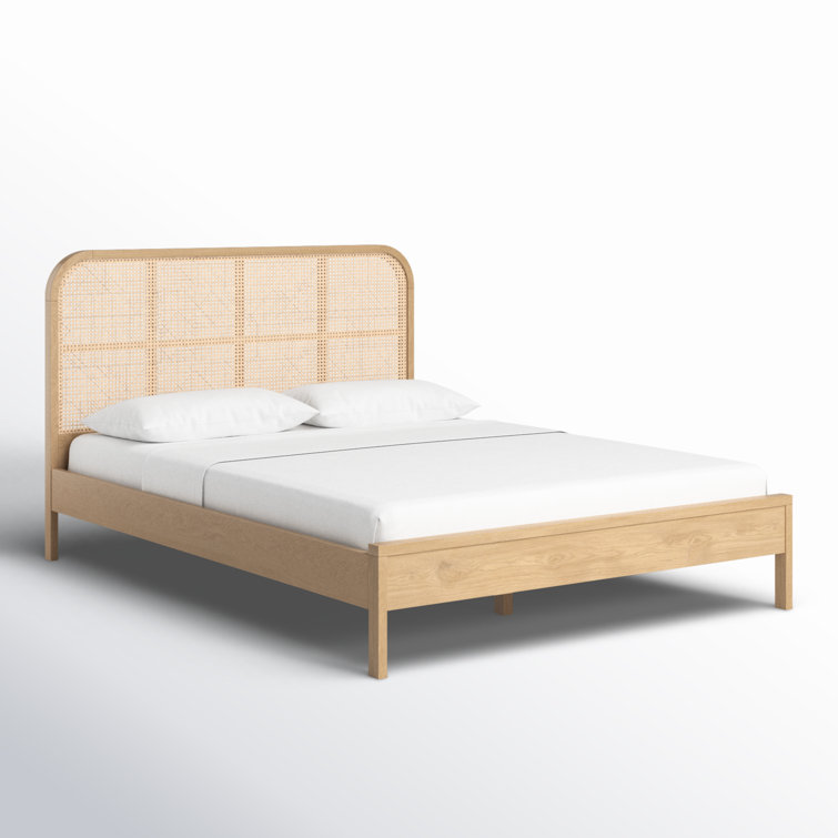 Natural Ash Wood Queen Bed with Cane Headboard