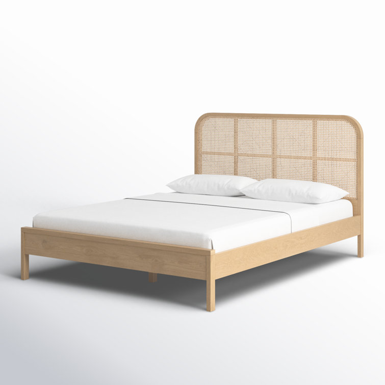 Natural Ash Wood Queen Bed with Cane Headboard