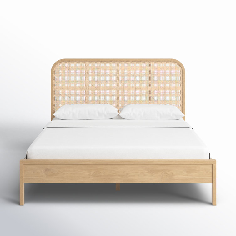 Natural Ash Wood Queen Bed with Cane Headboard