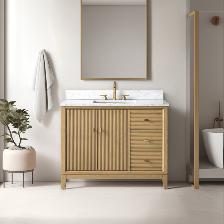 Natural Oak Single Bathroom Vanity with Golden Brushed Hardware