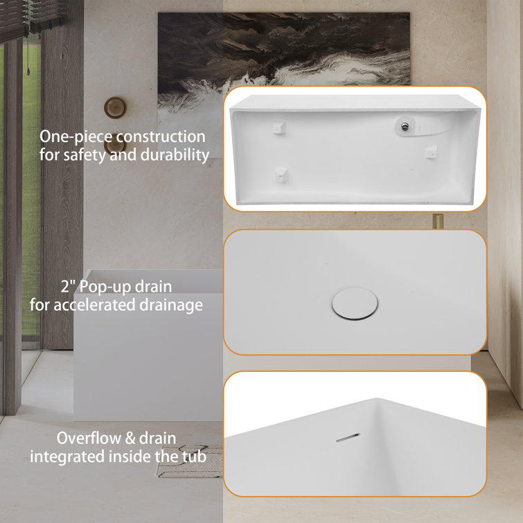 67'' White Solid Surface Freestanding Soaking Bathtub