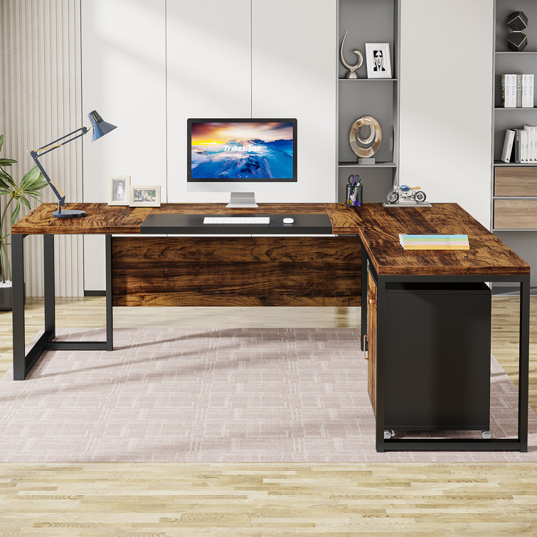 71'' Rustic Brown and Black L-Shaped Desk with Mobile File Cabinet