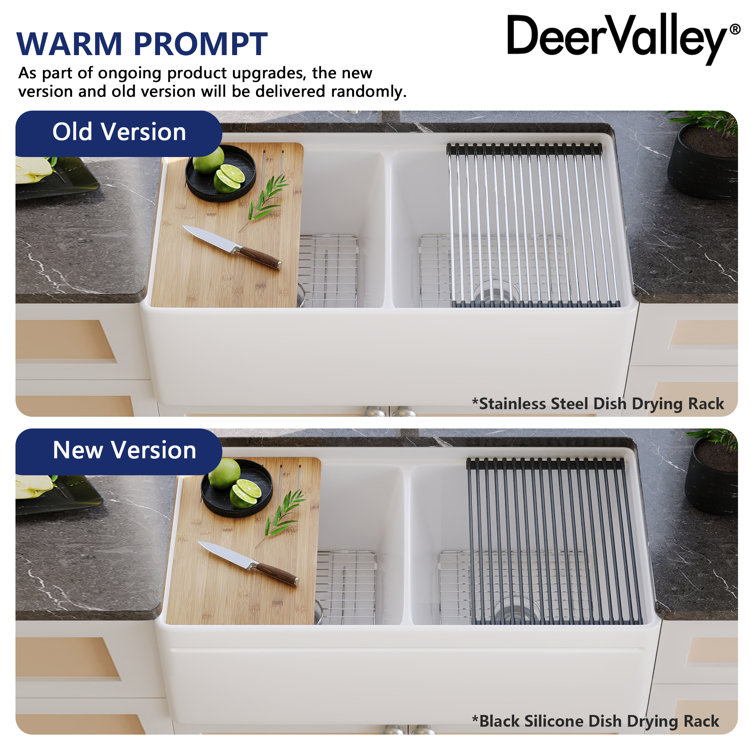 33" White Fireclay Double Bowl Farmhouse Workstation Sink