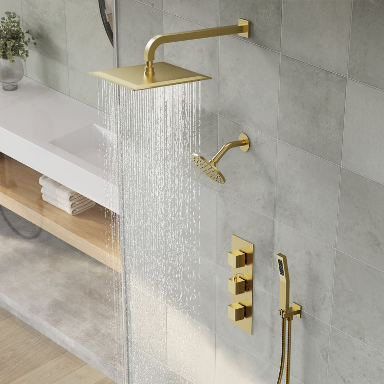 Brushed Gold Dual Shower System with Handheld and Rain Heads