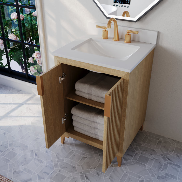 Turlington 24 Inch Oak Freestanding Single Sink Vanity with White Quartz Top