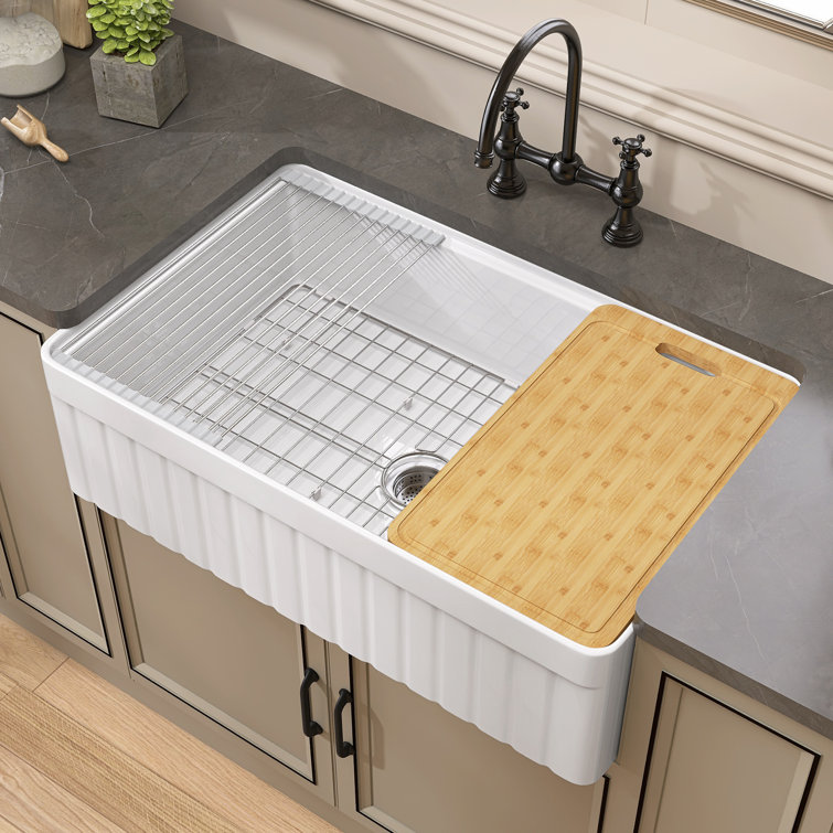 33" White Fireclay Farmhouse Apron-Front Kitchen Sink with Accessories