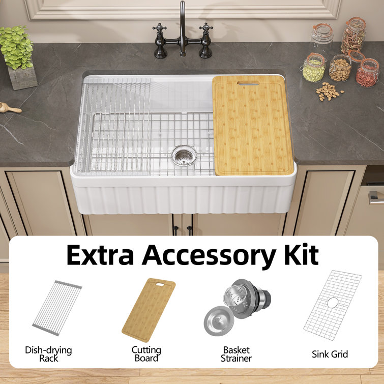 33" White Fireclay Farmhouse Apron-Front Kitchen Sink with Accessories
