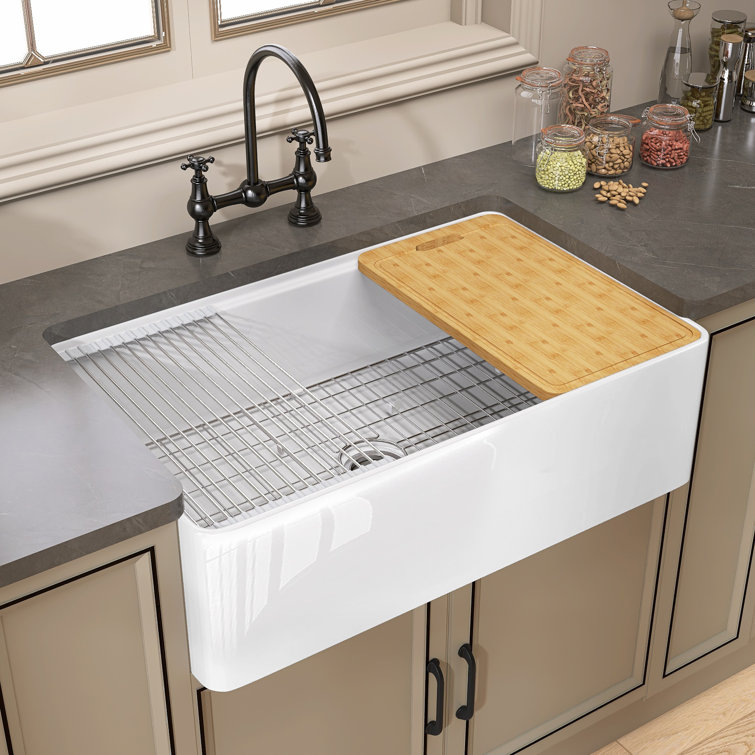 33" White Fireclay Farmhouse Apron-Front Kitchen Sink with Accessories