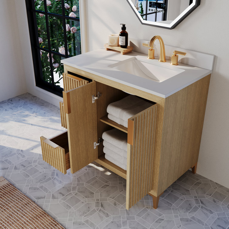 Turlington Oak 36" Vanity with White Quartz Top and Gold Hardware