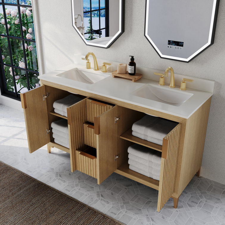 Turlington 60" Oak Double Sink Vanity with White Quartz Top