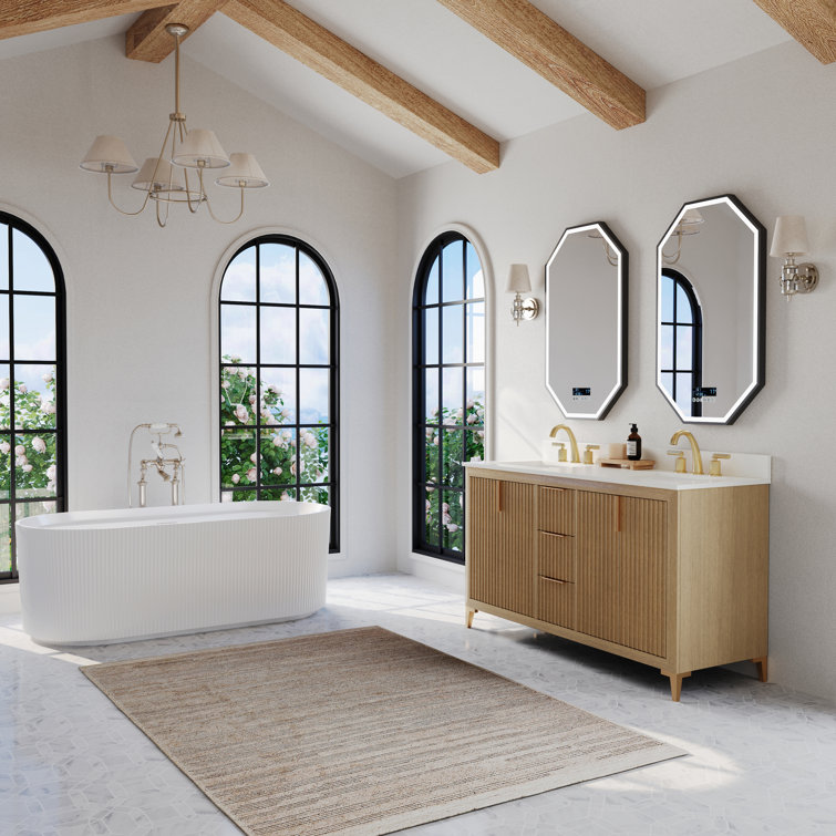 Turlington 60" Oak Double Sink Vanity with White Quartz Top