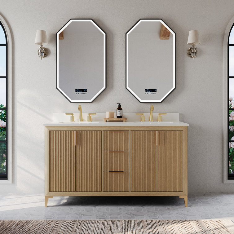 Turlington 60" Oak Double Sink Vanity with White Quartz Top