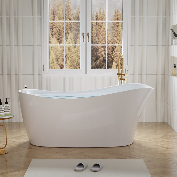 69'' White Acrylic Freestanding Soaking Bathtub with Overflow