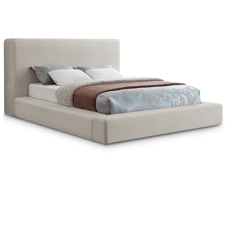 Beige Linen Upholstered Queen Platform Bed with Headboard