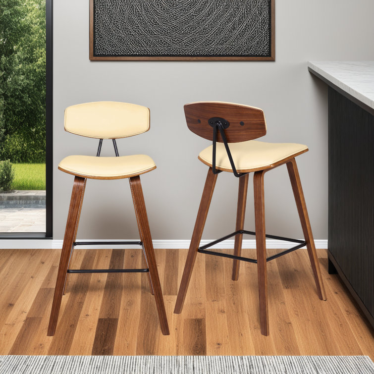 Contemporary Cream Faux Leather & Walnut Wood Counter Stool