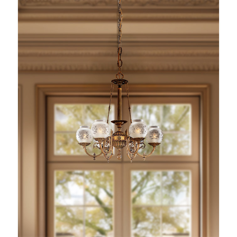 Antique Brass 6-Light Chandelier with Frosted Glass Shades