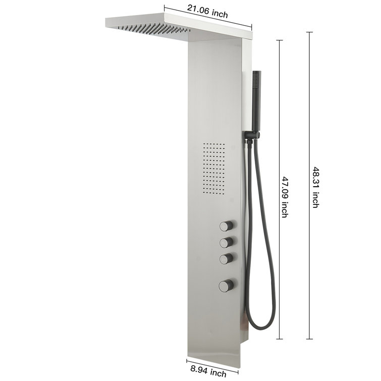 Brushed Nickel Multi-Function Shower Panel with Rainfall and Massage Jets