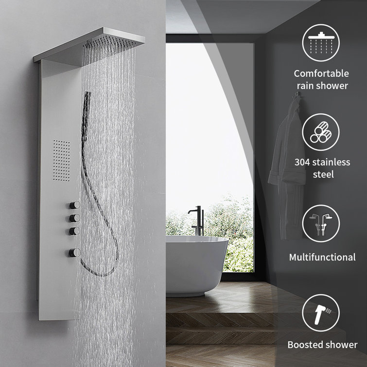 Brushed Nickel Multi-Function Shower Panel with Rainfall and Massage Jets