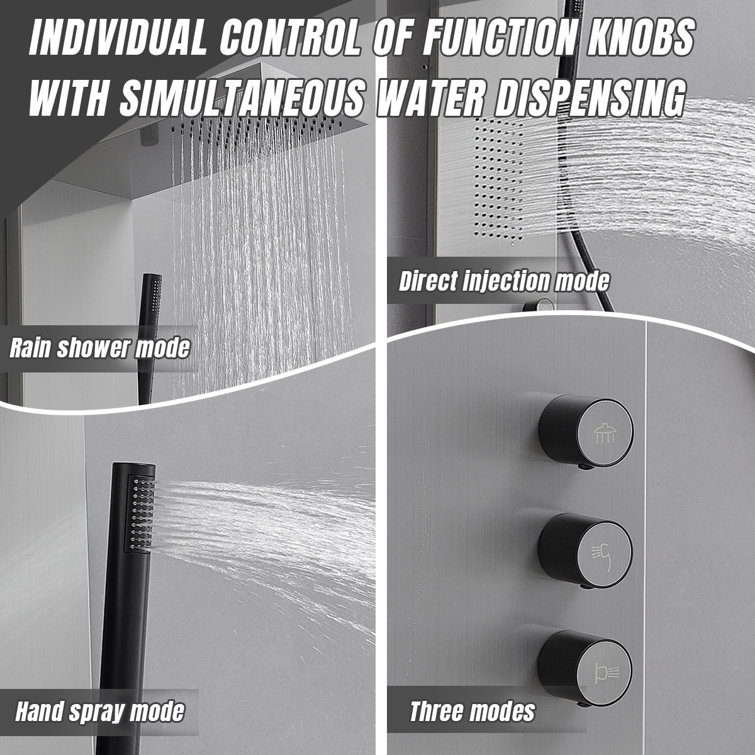 Brushed Nickel Multi-Function Shower Panel with Rainfall and Massage Jets