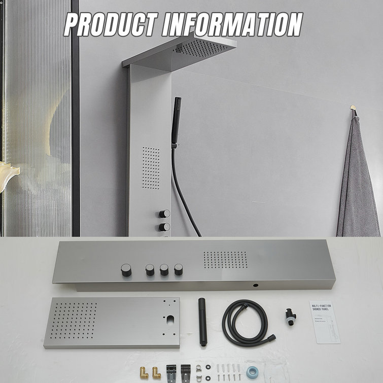 Brushed Nickel Multi-Function Shower Panel with Rainfall and Massage Jets