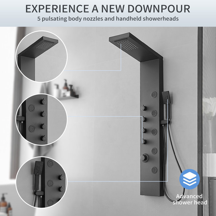 Matte Black 47'' Shower Panel with Rainfall and Waterfall Head