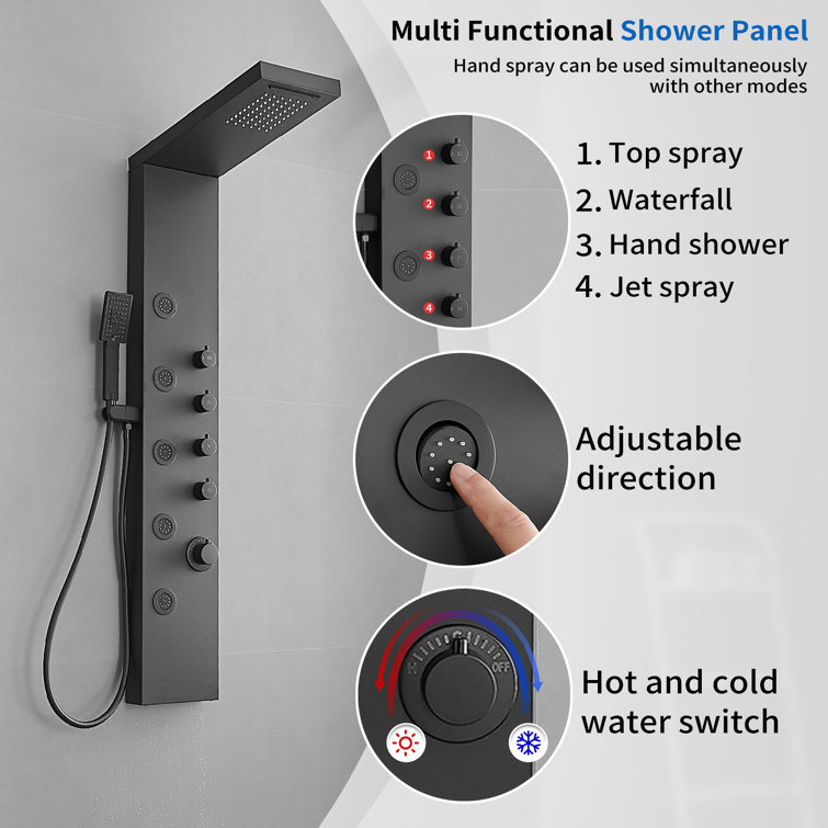 Matte Black 47'' Shower Panel with Rainfall and Waterfall Head