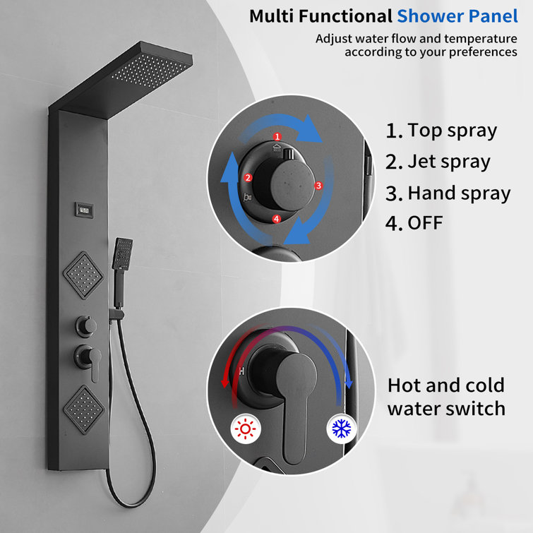 Matte Black 47" Shower Panel System with Rainfall Shower Head and Body Jets