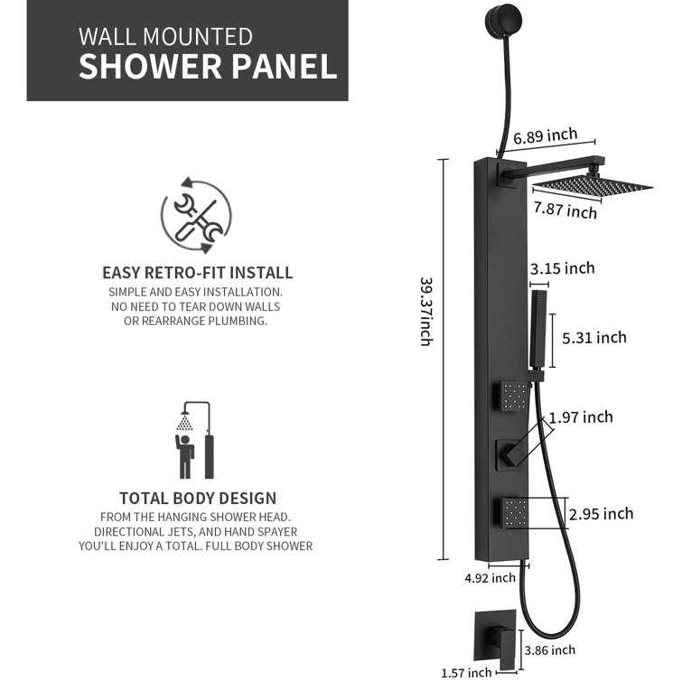 Matte Black Brass Shower Panel System with Adjustable Rainfall Shower Head