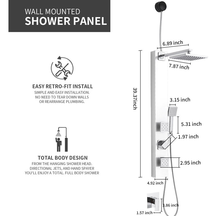 Polished Chrome Shower Panel System with Adjustable Rainfall Shower Head