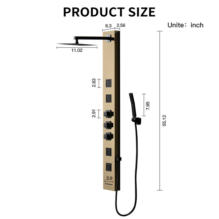 55'' Black and Gold Stainless Steel Shower Panel System