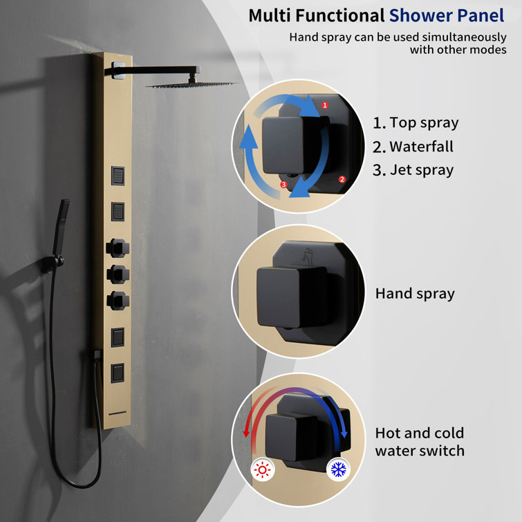55'' Black and Gold Stainless Steel Shower Panel System