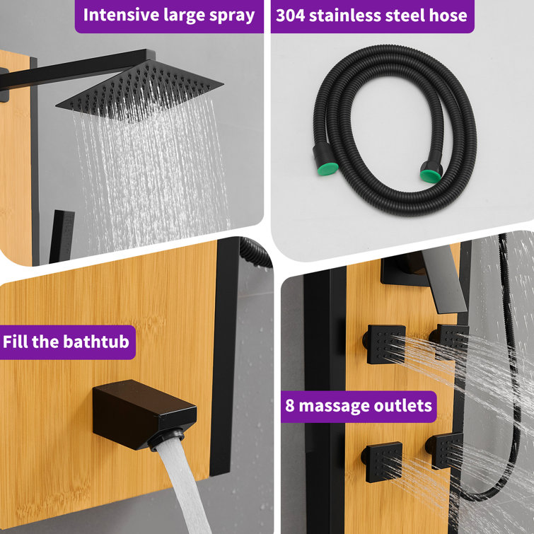 57'' Black and Bamboo Shower Panel System with Body Jets
