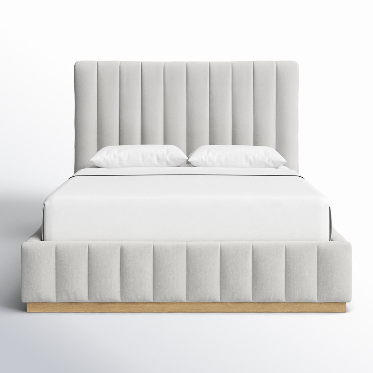 Queen Cream Linen Upholstered Bed with Tufted Headboard