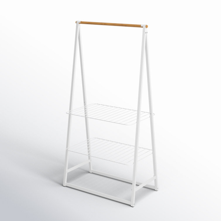 Large White Steel and Bamboo Portable Clothes Rack