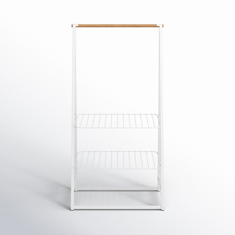 Large White Steel and Bamboo Portable Clothes Rack