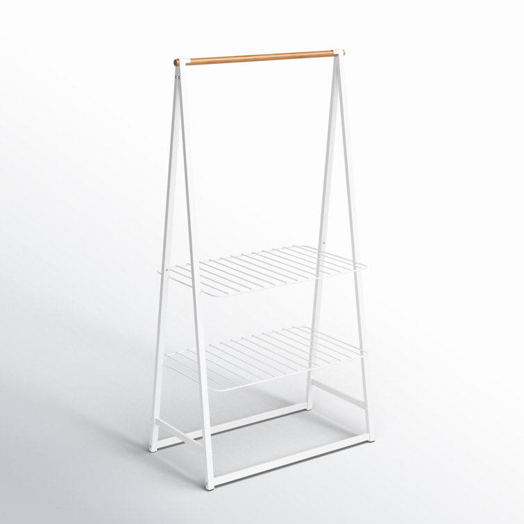 Large White Steel and Bamboo Portable Clothes Rack