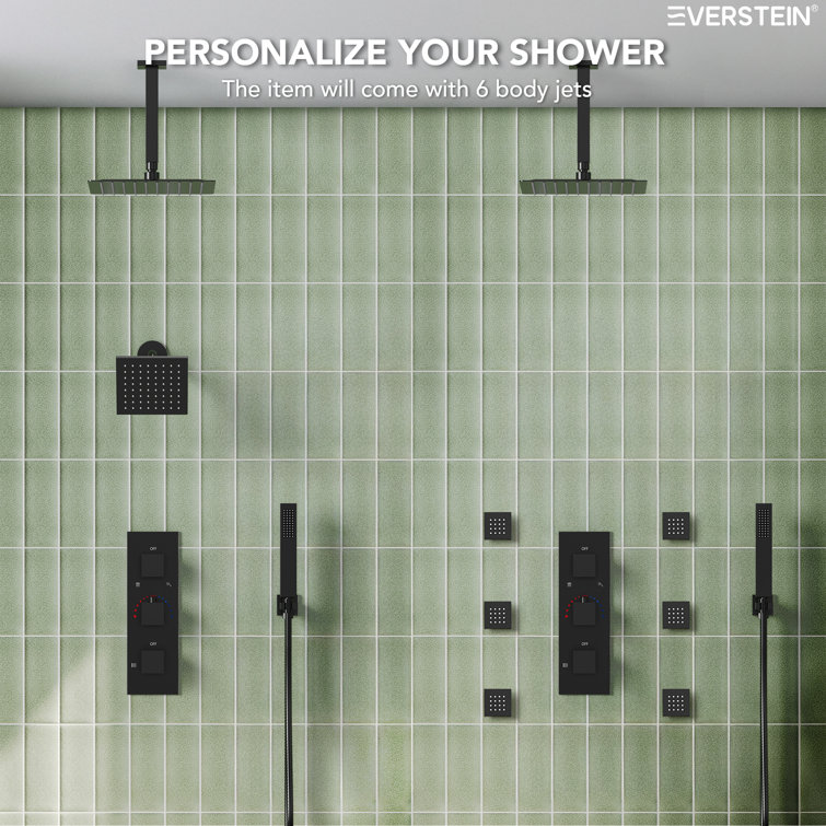 Matte Black 12" Ceiling Mounted Rainfall Shower System with Jets