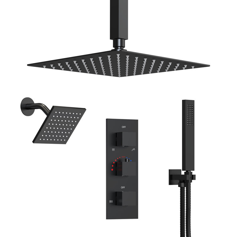 Matte Black 12" Ceiling Mounted Rainfall Shower System with Jets
